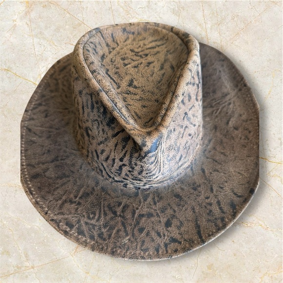 Leather henschel hat sz LG woman’s brown embossed faux buffaloe hide - Picture 5 of 10